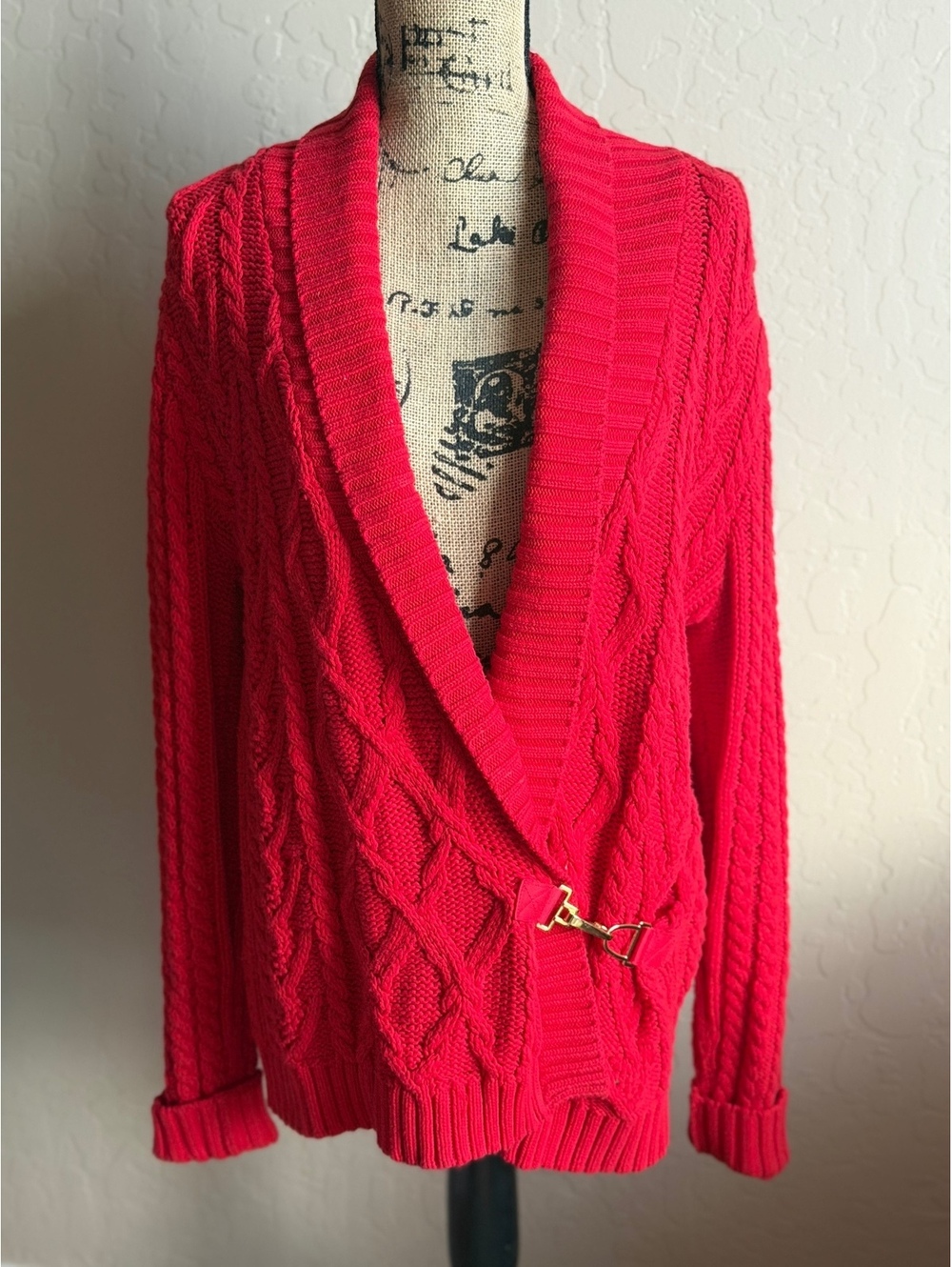 Lauren Ralph Lauren Women L Red Cable Knit Cardigan Sweater Toggle 100% Cotton